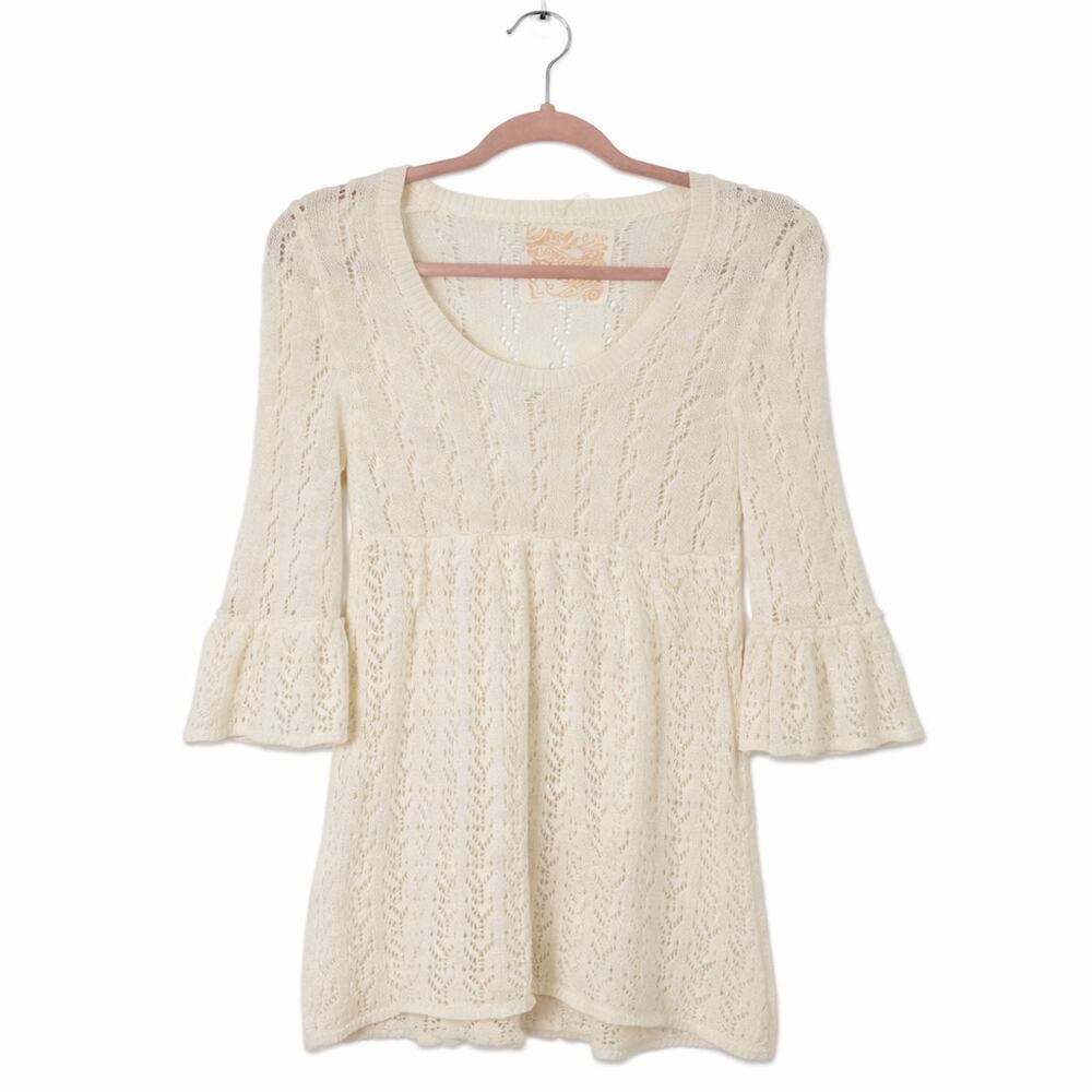Love Rocks Cream Lace Knit Bell Sleeve Babydoll Tunic Boho Top Juniors L